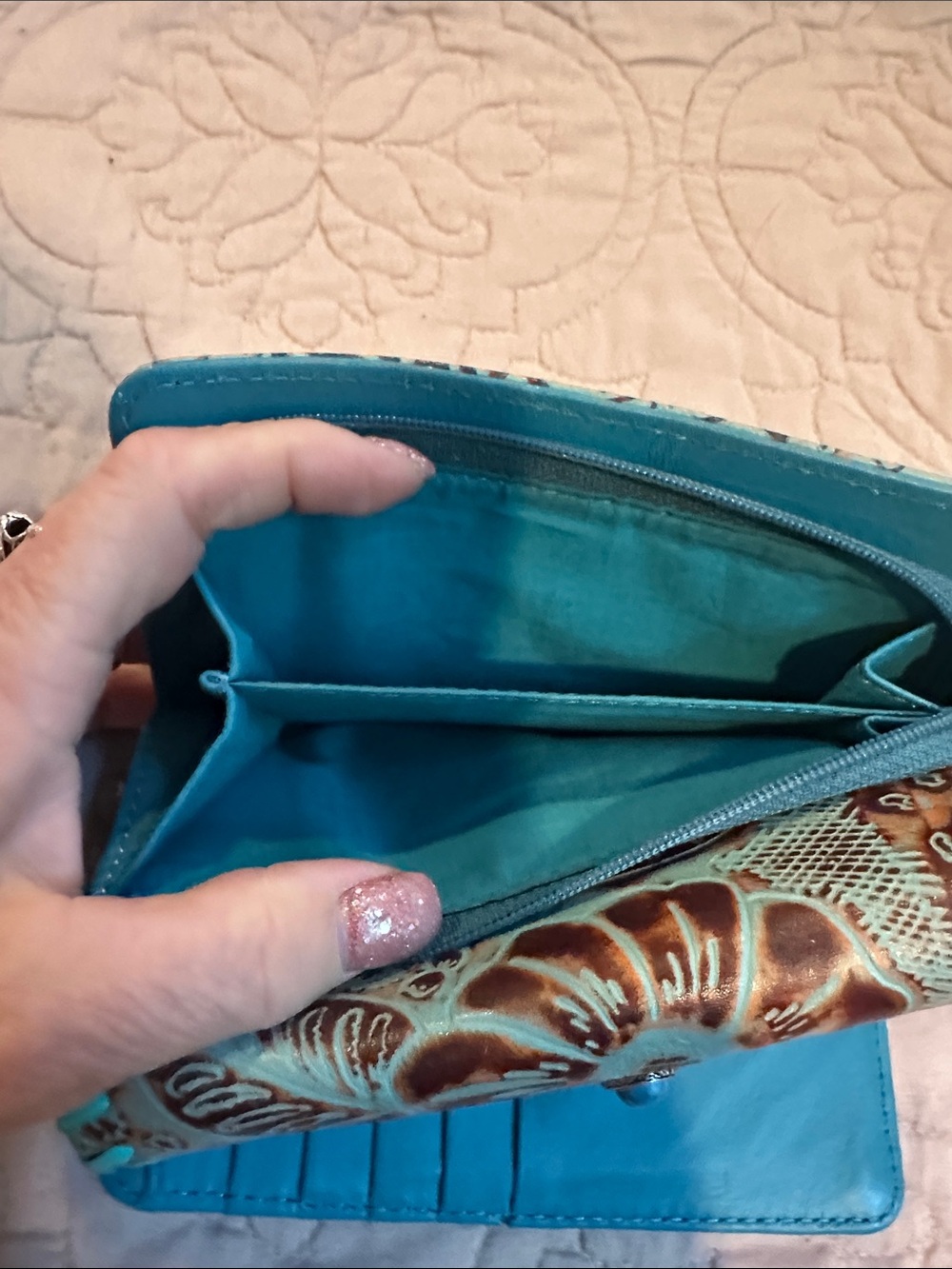 Myra Bag Turquoise-Trim Tooled Floral Leather Wallet - Picture 4 of 6